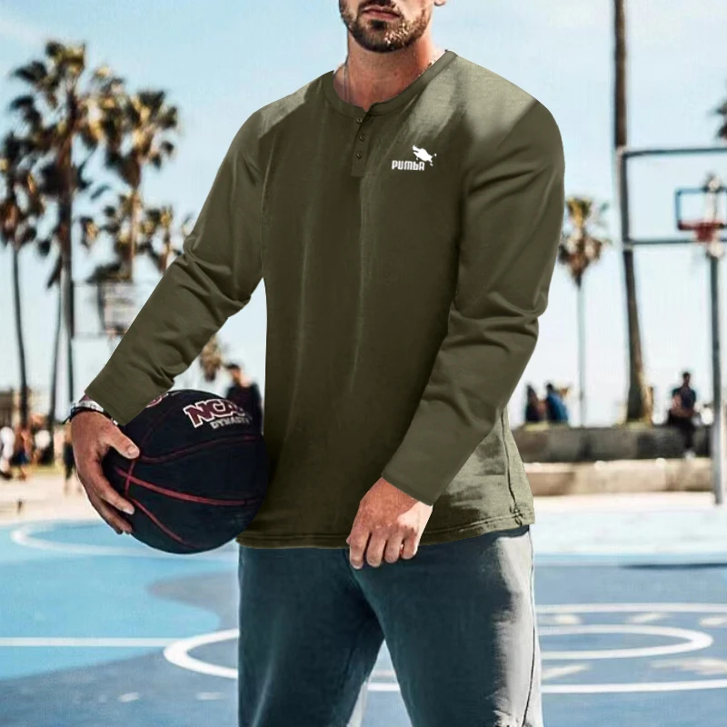 

2023 New Men's Casual T-shirt Long Sleeve Top Solid Button Brand High Quality Henley Shirt Round Neck Men's Undercoat Top