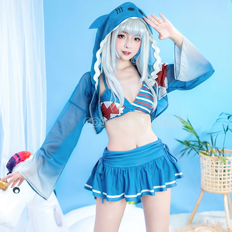 

Hololive Gawr Gura Cosplay Costume Cute Shark Swimsuit Print Bikini 3pack Drawstring Cover Up Women Swimwear Beach Bathing Suit