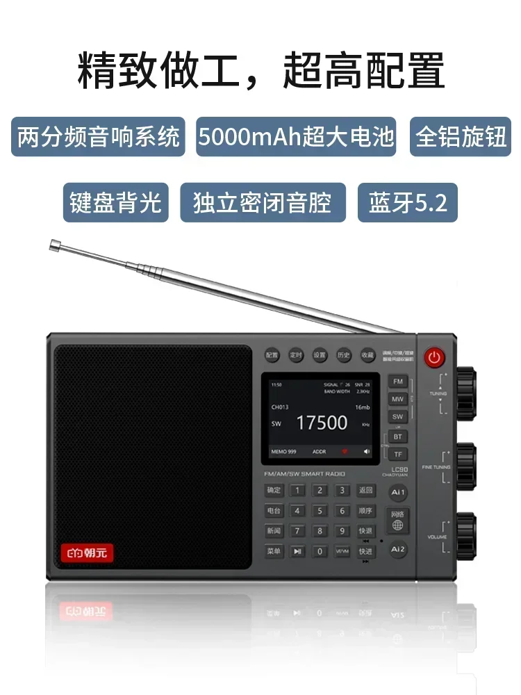 Chaoyuan LC90 블루투스 무선 올밴드 FM 라디오, 카드 포함, IPS 스크린, 야외 서브우퍼 스피커, 글로벌 라디오 리시버