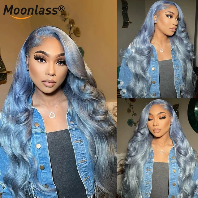 30 Inch Silver Grey Ombre Blue 13x4 Lace Frontal Human Hair Wigs
