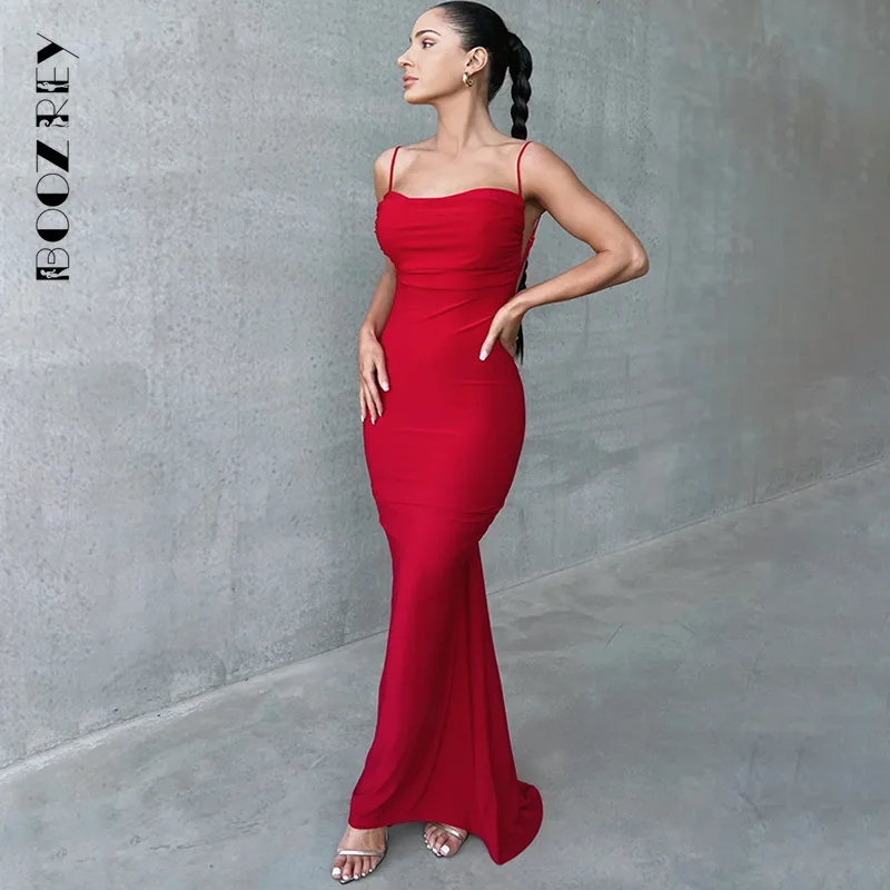 

BoozRey, элегантное модное сексуальное однотонное Макси-Платье с открытой спиной и драпировкой, женские летние плиссированные платья на бретелях 2023