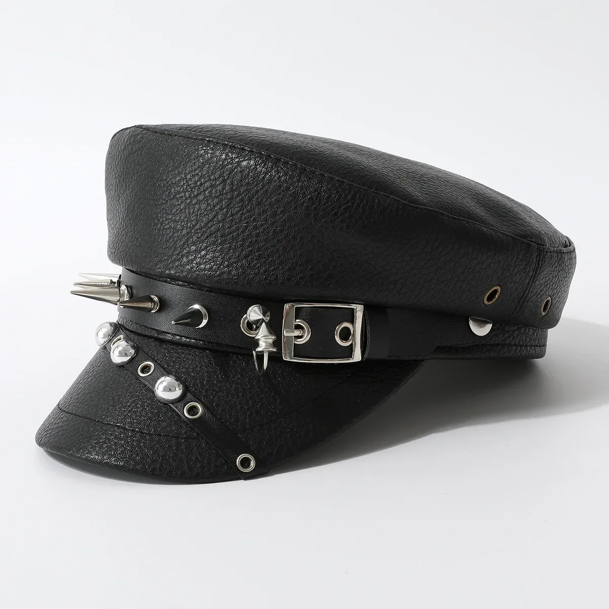 Women Hats Leather Rivet Show Navy Cap Skinny Cap New Niche Punk Hip Hop Wind Beret Black PU Military women military hat mens hat