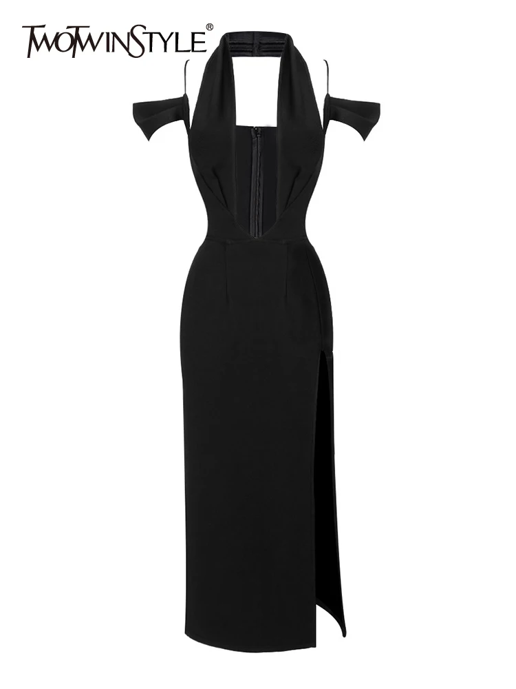 

TWOTWINSTYLE Solid Sexy Dresses For Women Halter Sleeveless High Waist Slimming Hollow Out Split Temperament Dress Female 2023