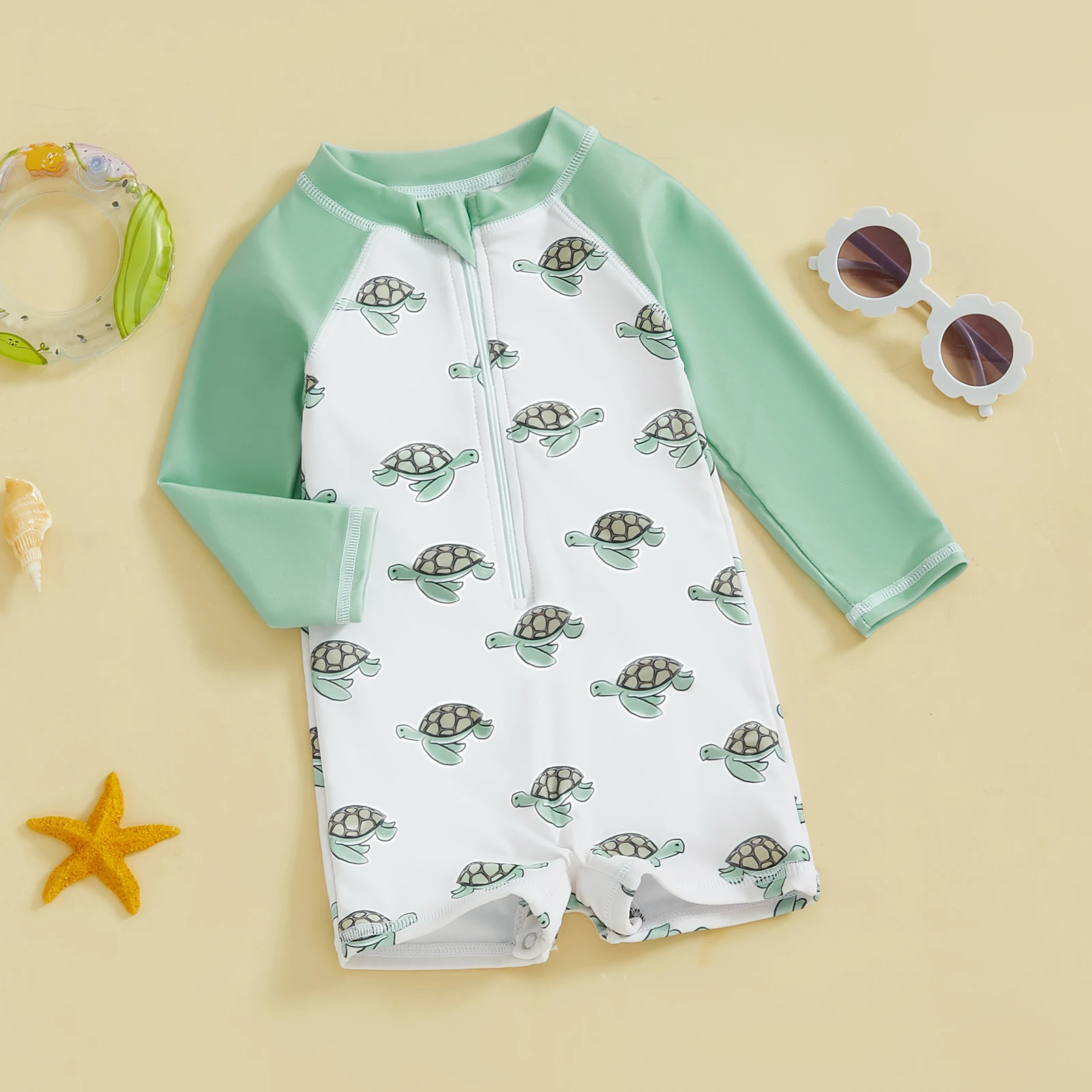 MISOWMNJOY Summer Baby Boys Swimsuit Casual Toddler Swimming Suit Cartoon Turtle Print Long Sleeve Mock Neck Zip Bathing Suit