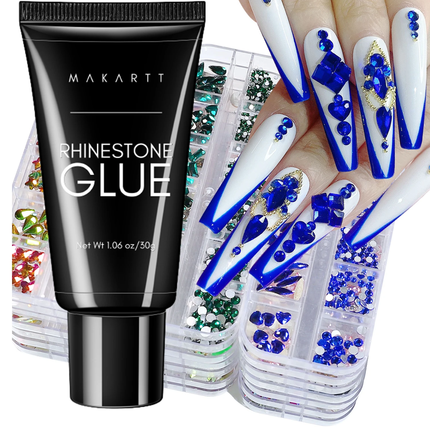30g Makartt Rhinestone Glue with Royal Blue Glass Crystal Kit for Shine Nail Art Manicure Makeup DIY Decoration Gem Jewelry nail glue