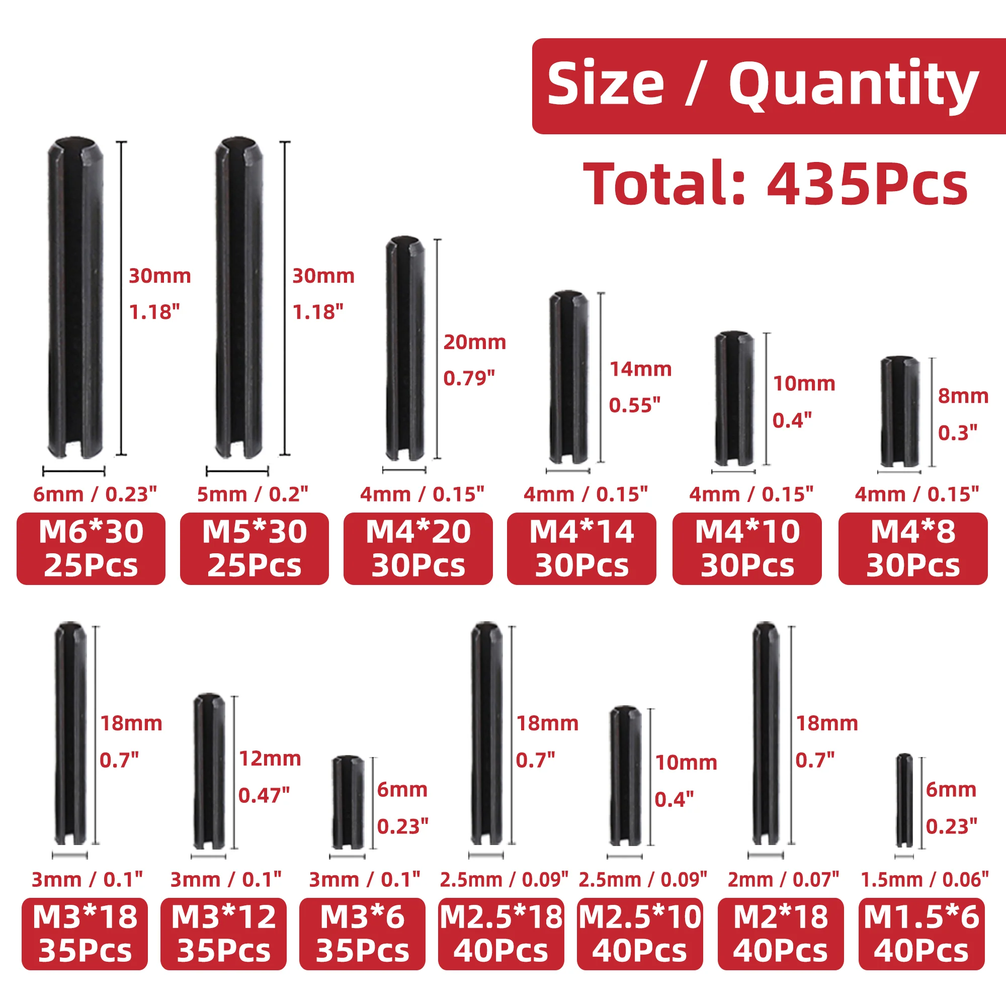 Spring Dowel Pins Kit 435pcs/385pcs Slotted Spring Dowel Tension Roll Pins Assortment M1.5 M2 M2.5 M3 M4 M5 M6