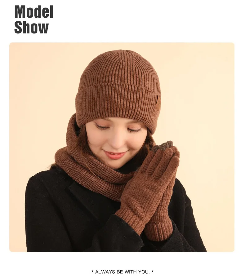 Charmingjolly Winter Womens Hat Gloves Scarf Plush Touch Screen Knitted Full Finger Gloves Outdoor Coldproof Thickened Knit Hat Neck Snood Kit Free Shipping