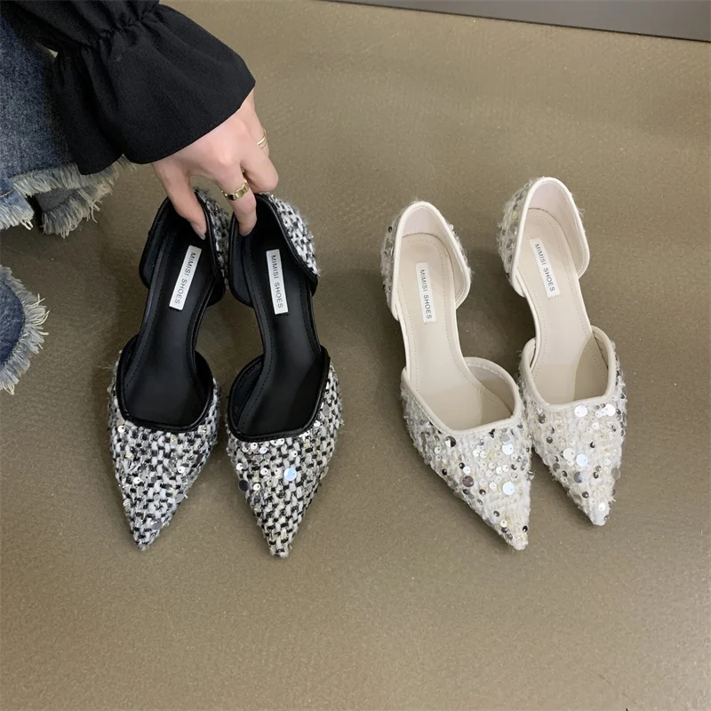 2024 Trend Women Sandals Pointed Toe Fashion Shoes Women Mid Heels Party Shoes Shallow Sexy Sandals New Elegant Stilettos