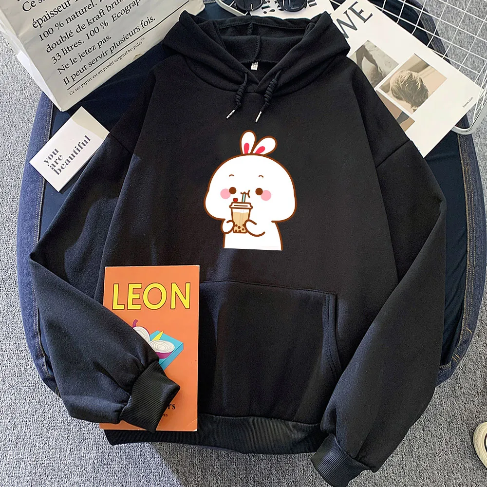 Cute Rabbit Drinking Milk Tea Hoodies for Girls Casual Long Sleeve Women Sweatshirts Winter Fleece Warm Cartoon Graphic Pullover