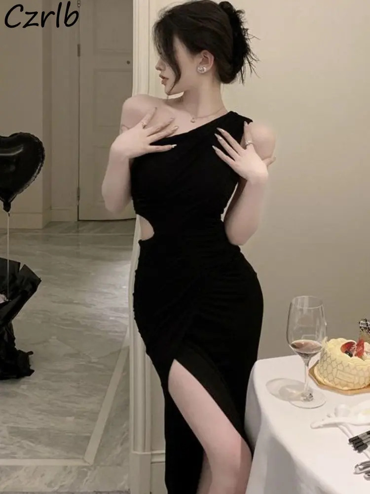 Black Dresses Women Streetwear Ladylike Hollow Out Sexy New Korean ...