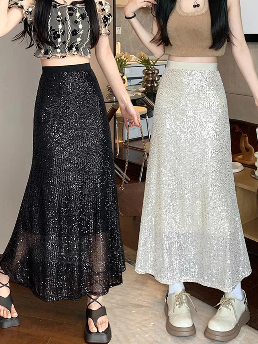 

Women's Summer Women Sparkle Outfits Slim A-line Skirt High Waist Elastic Sequins Skirt Bling Vintage Party Skirts Clubwear