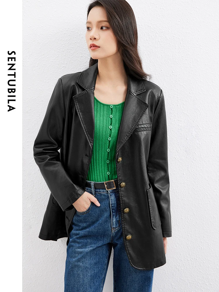 Куртка-бомбер Sentubila W41G52633 из искусственной кожи, однобортная, с большими карманами, весна 2024