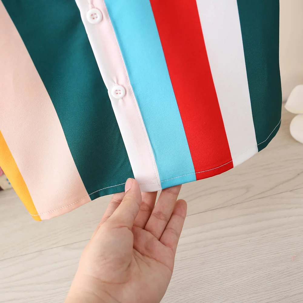 Summer Boys Kid Fashion Colorful Striped Polo Collar Single Button Pocket Short Sleeve Shirt Top 6M-2T