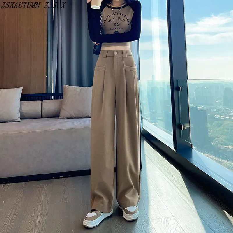 

Vintage Wide Leg Suit Pants Women's Autumn Winter New Baggy High Waist Casual Trousers Female Solid Fashion Straight Pantalon