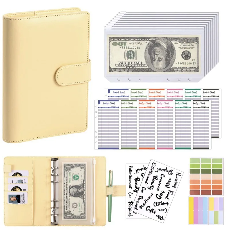PU Leather A6 Budget Binder with Cash Envelope Pockets & Zipper