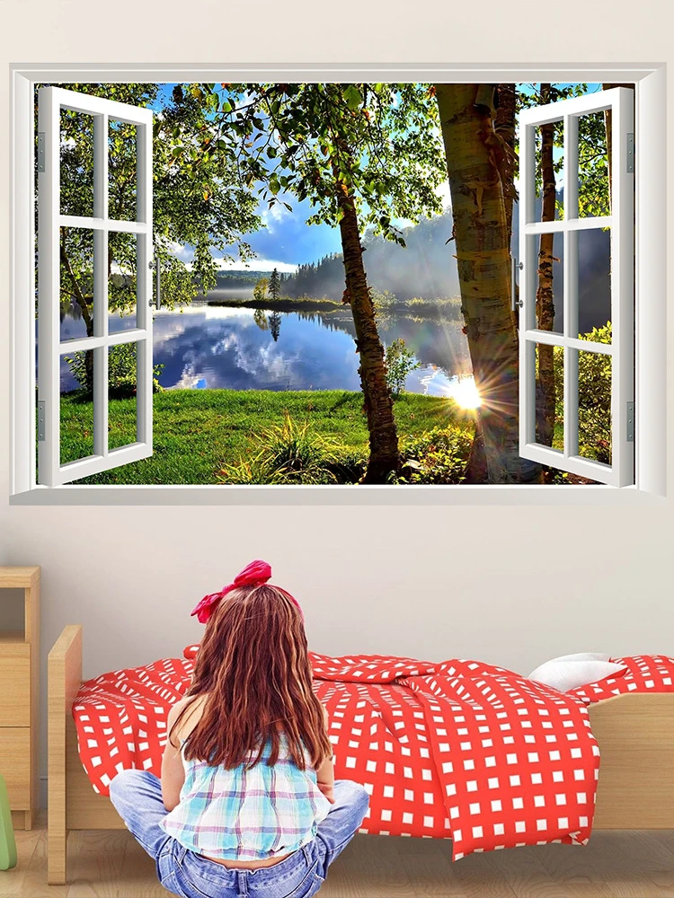 Waterfall Forest 3D Window View Wall Sticker Vinyl Decal Wallpaper Nature  Landscape For Living Room Home Decor Poster