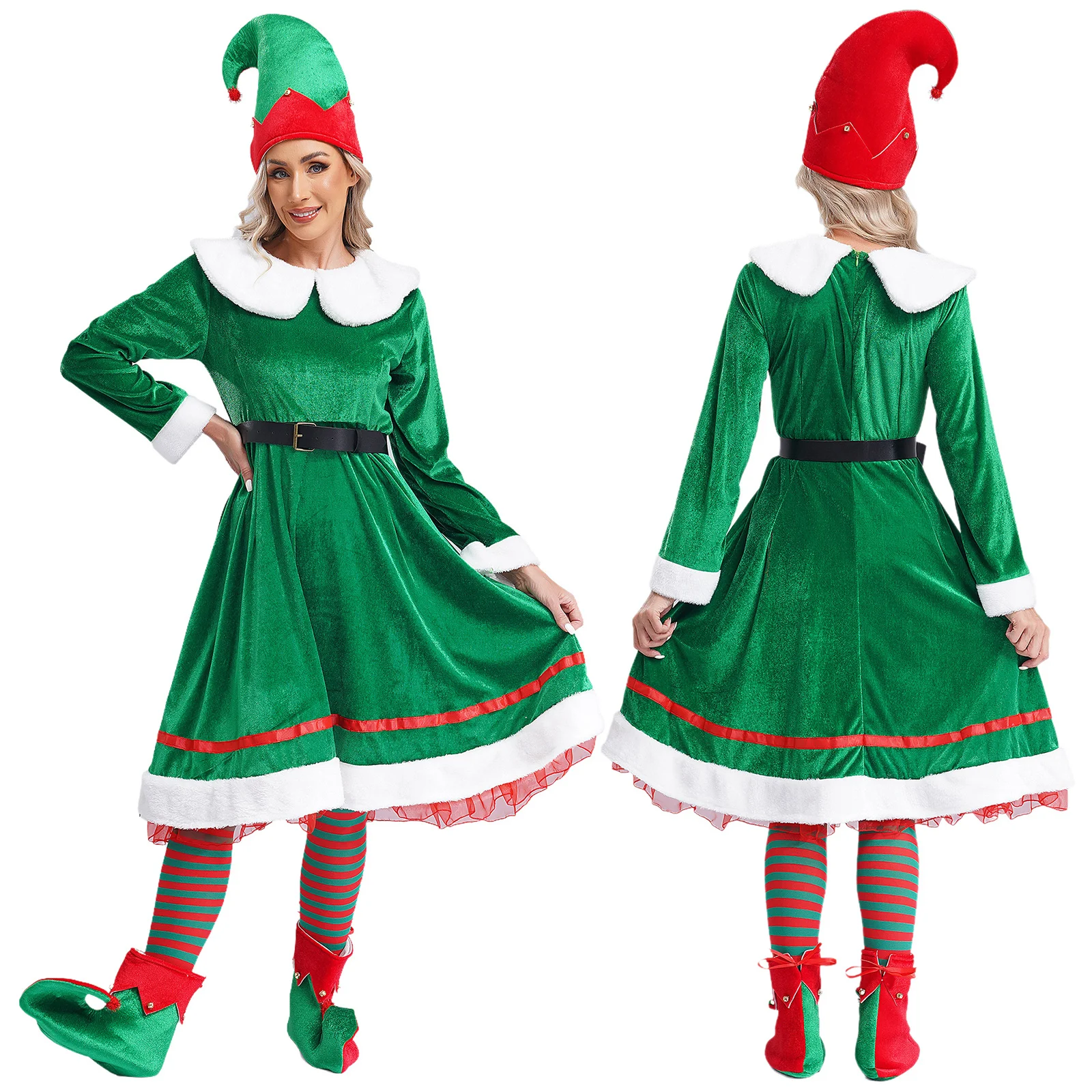 Womens Christmas Elf Costume Dress Elf Hat Elf Shoes Stockings Set Santa Claus Cosplay Outfits New Year Helper Dress with Belt