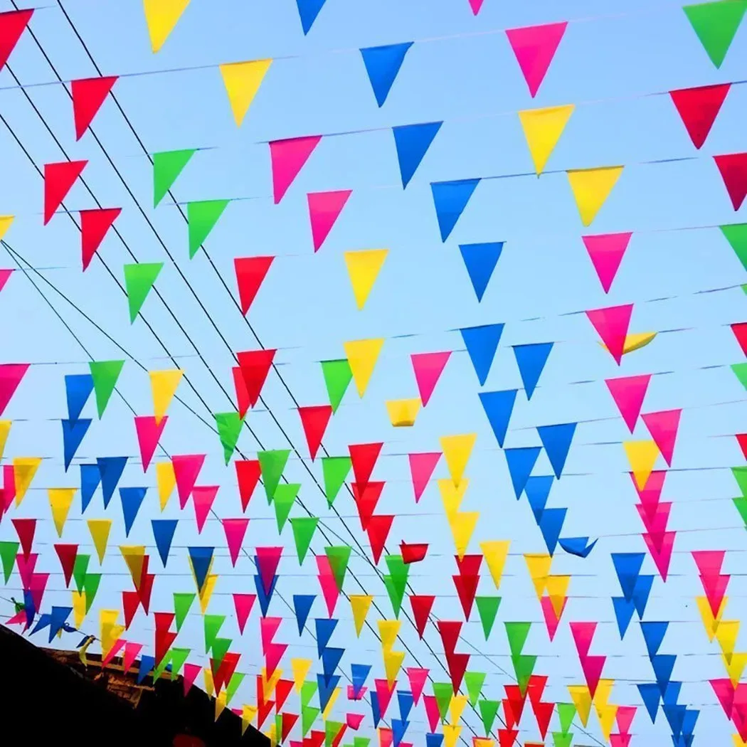 

50M Multicolored Triangle Flags Bunting Banner Nylon Fabric Pennant Festival Outdoor Colorful Decoration