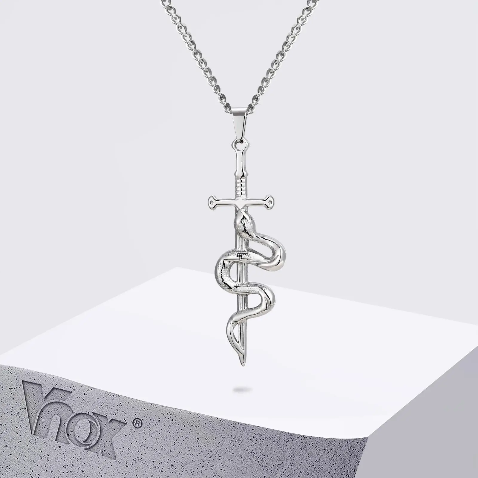 Vnox Edelstahl Punk Kreuz Schlangen Anhänger Halskette für Männer, kubanische Kette Silber Farbe Schlangenhalsketten, tägliche Schmuckgeschenke