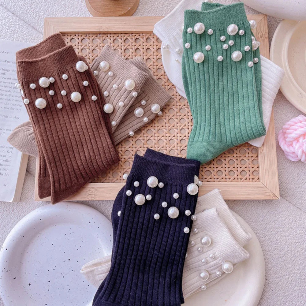 

Women Cotton Socks With Pearl Fashion Mid-tube Socks Hosiery Foot Socks Simple Casual Sweet All-match Winter Soft Breathing Sock