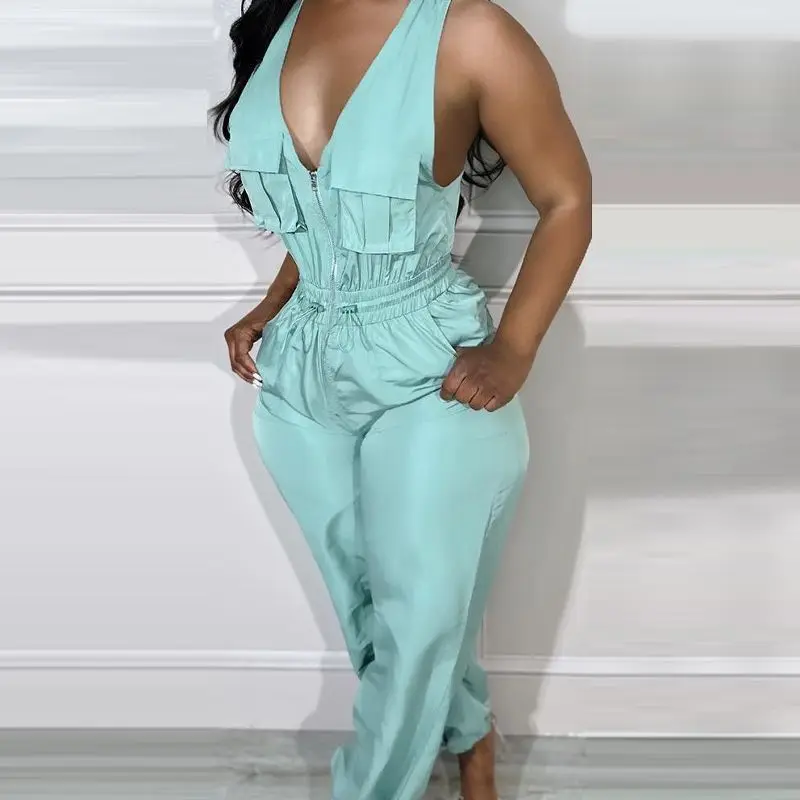 

Sleeveless Backless Pocket Design Drawstring Jumpsuit One Piece 2023 Women Tight Waist Long Pants Overalls Zipper Rompers