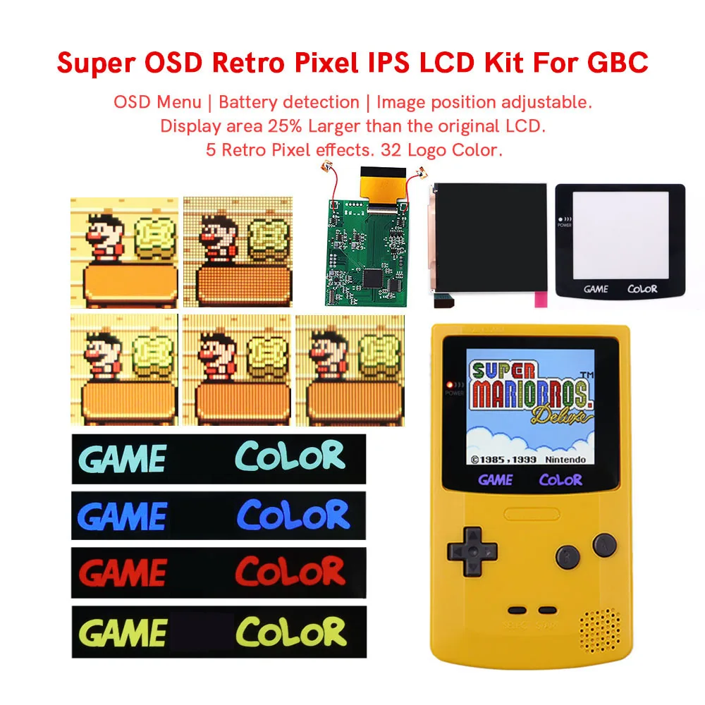 Super OSD Retro Pixel IPS High Light Backlight Brightness Touch Sensor LCD Kit+Pre-cut Shell For Q5 GBC --- discoloration