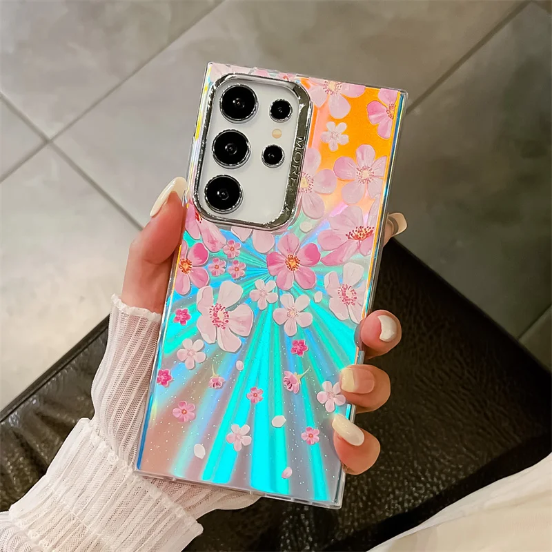 Coque de téléphone à motif de fleur laser pour Samsung Galaxy S25 A14 A15 A55 A54 A25 A35 A34 S23 FE S24 Plus S22 Ultra Hard PC Matte Back Cover_voghion.com