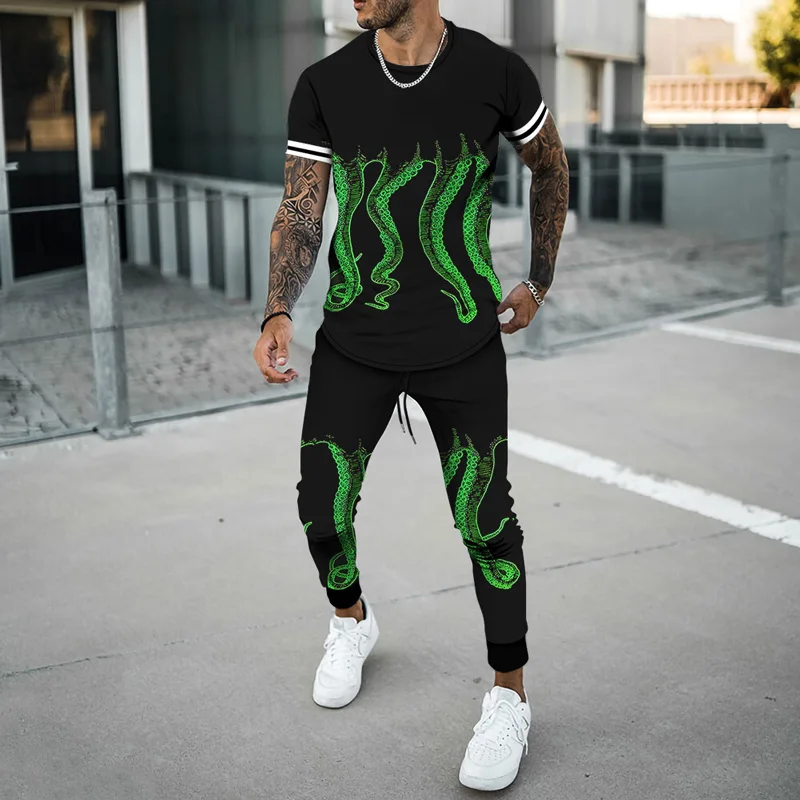 Tentacle 3d Printed Summer Men's 2 Piece Sets Oversized T Shirts Joogers Outfits Fashion Trousers Tracksuit Trend Male Clothing