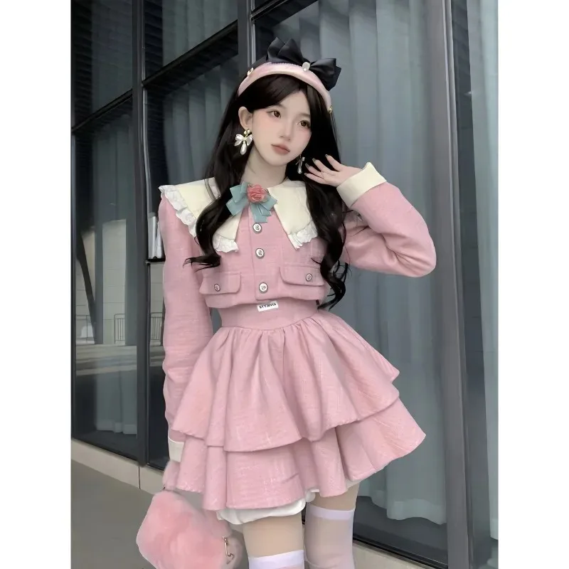

Sweet Doll Collar Jacket Hanging Cake Dress Two-piece Set Women Korean Bow Lace Splice Waist Bubble College Pink Winter Slim Set