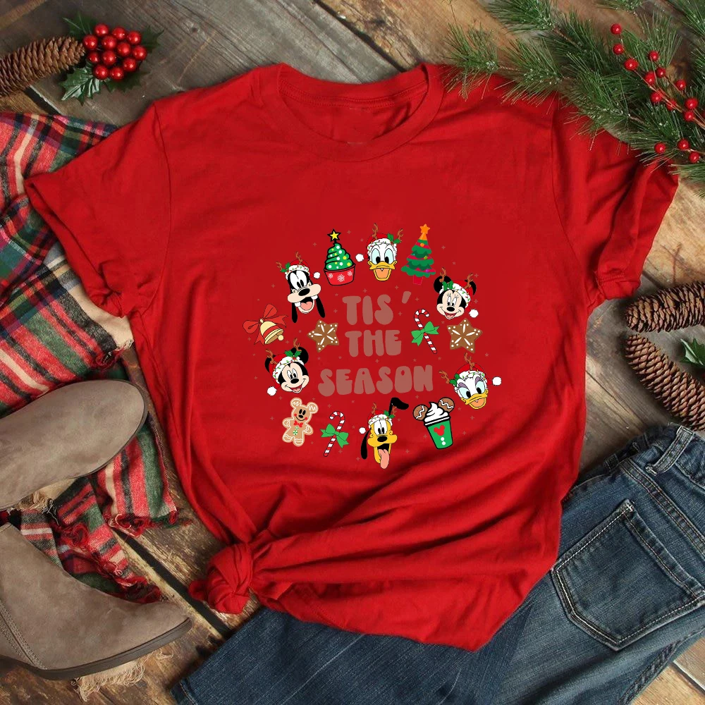 

Disney Christmas Style Women Clothes Fashion Aesthetic Festival Vibe Red T-shirt Mickey and Friends Print Xmas Gift Blouses