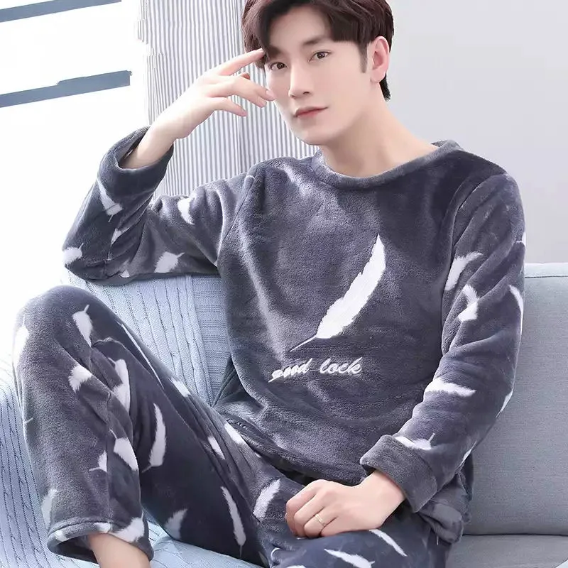 Winter Warm Flannel Pajamas Sets Male Men Nightwear Plus Size Sleepwear Long Pant Winter Warm Pijamas Trouser Suits men's cotton lounge pants Men's Sleep & Lounge