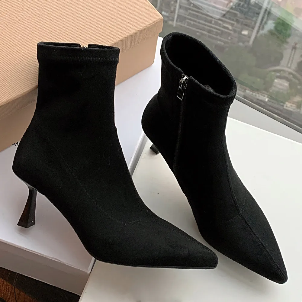 

danxuefei plus size 34-42 women's stretch flock thin high heel pointed toe slip-on autumn ankle boots slim elegant lshort boots