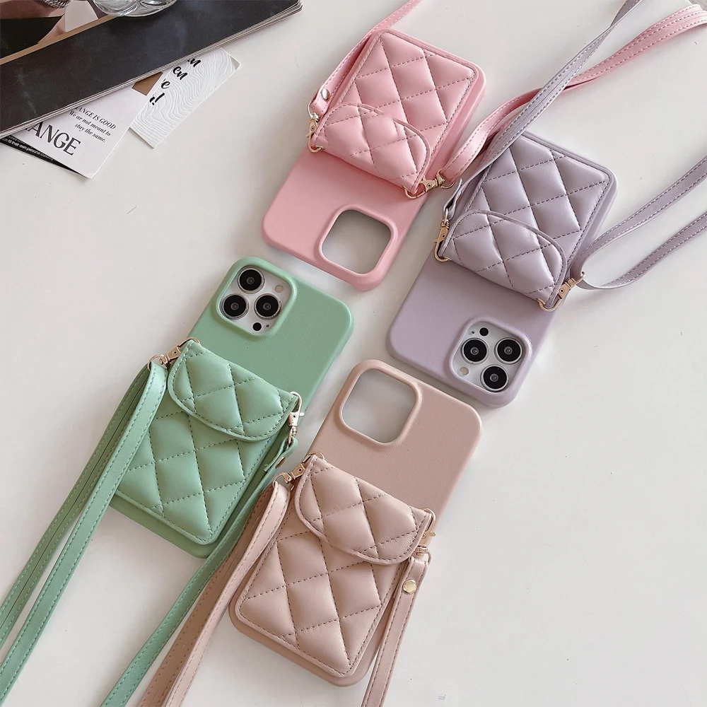 

Fashion Leather Card Holder Wallet Phone Case For IPhone 11 12 13 14 Pro Max Plain Lanyard Multi Function Diamond Pattarn Cover