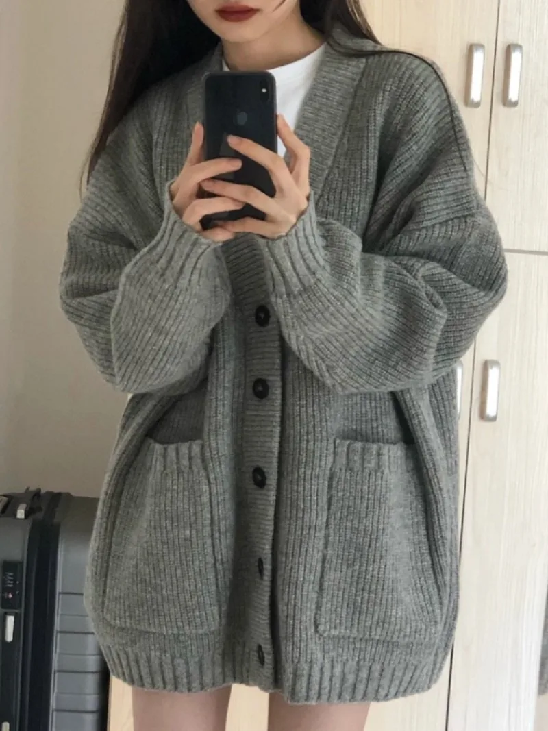 Women Sweater Cardigans Coats Autumn Winter Fashion Female Long Sleeve V-neck Loose Knitted Jackets Casual Cardigan Sweaters