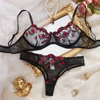 Soutien-gorge Transparent dame broderie florale ensemble de Lingerie femmes soutien-gorge Transparent et bref ensemble de sous-vêtements Satin Sexy intimes sous-vêtements 6
