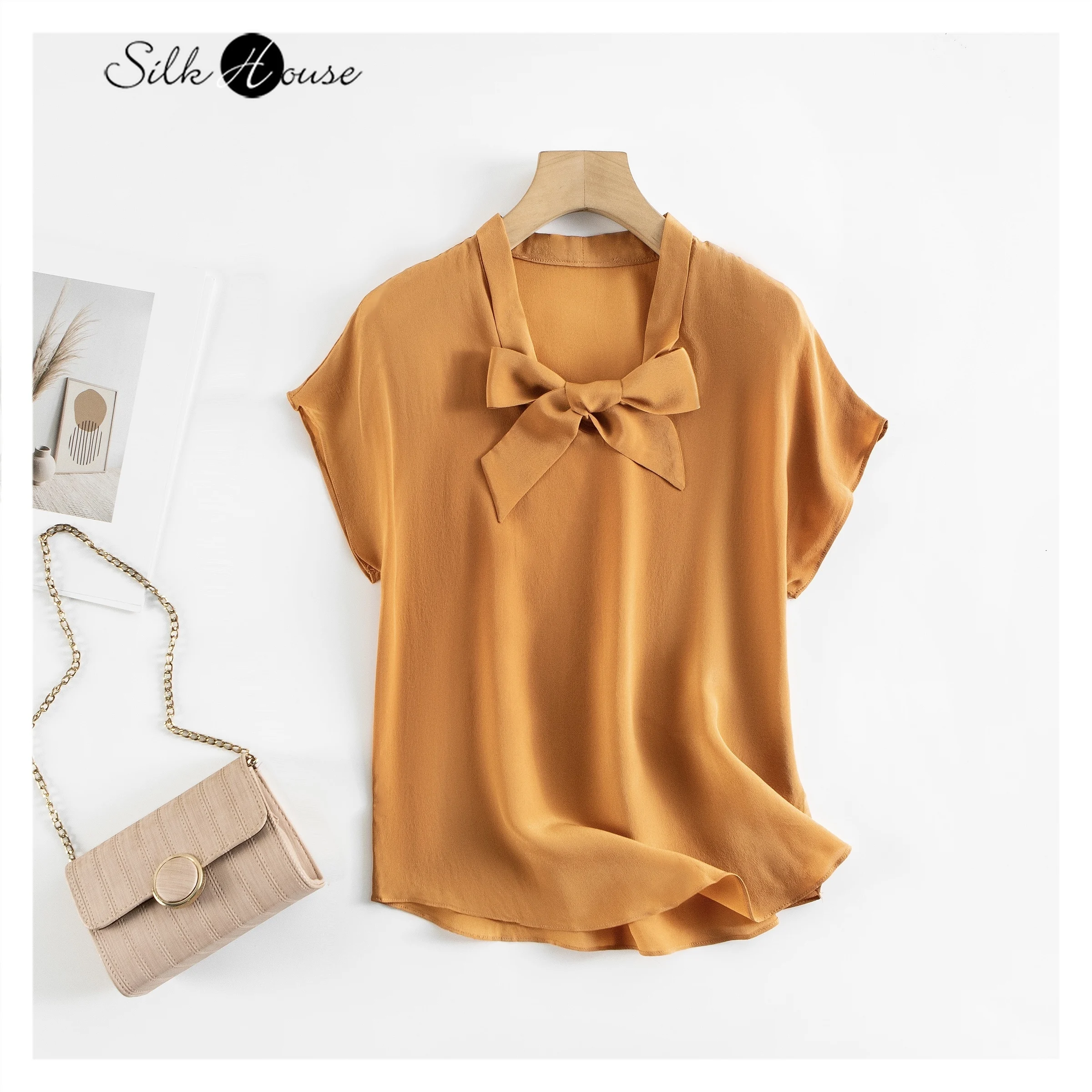 

2022 Summer 03 Crepe De Chine Orange Ol Commuter Style Natural Mulberry Silk Ribbon Short Sleeve Bow Neck Top