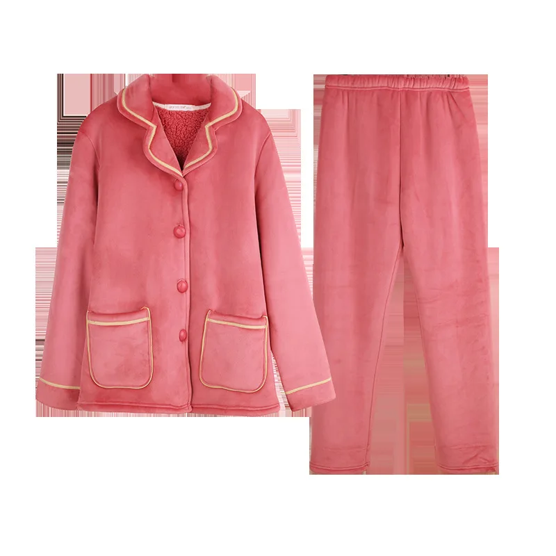 2pcs Fashion Winter Women Thicken Warm Soft Pajamas Sets Pink Red Long Sleeve Home Suit Sleepwear Long Velvet Thicken Pyjamas
