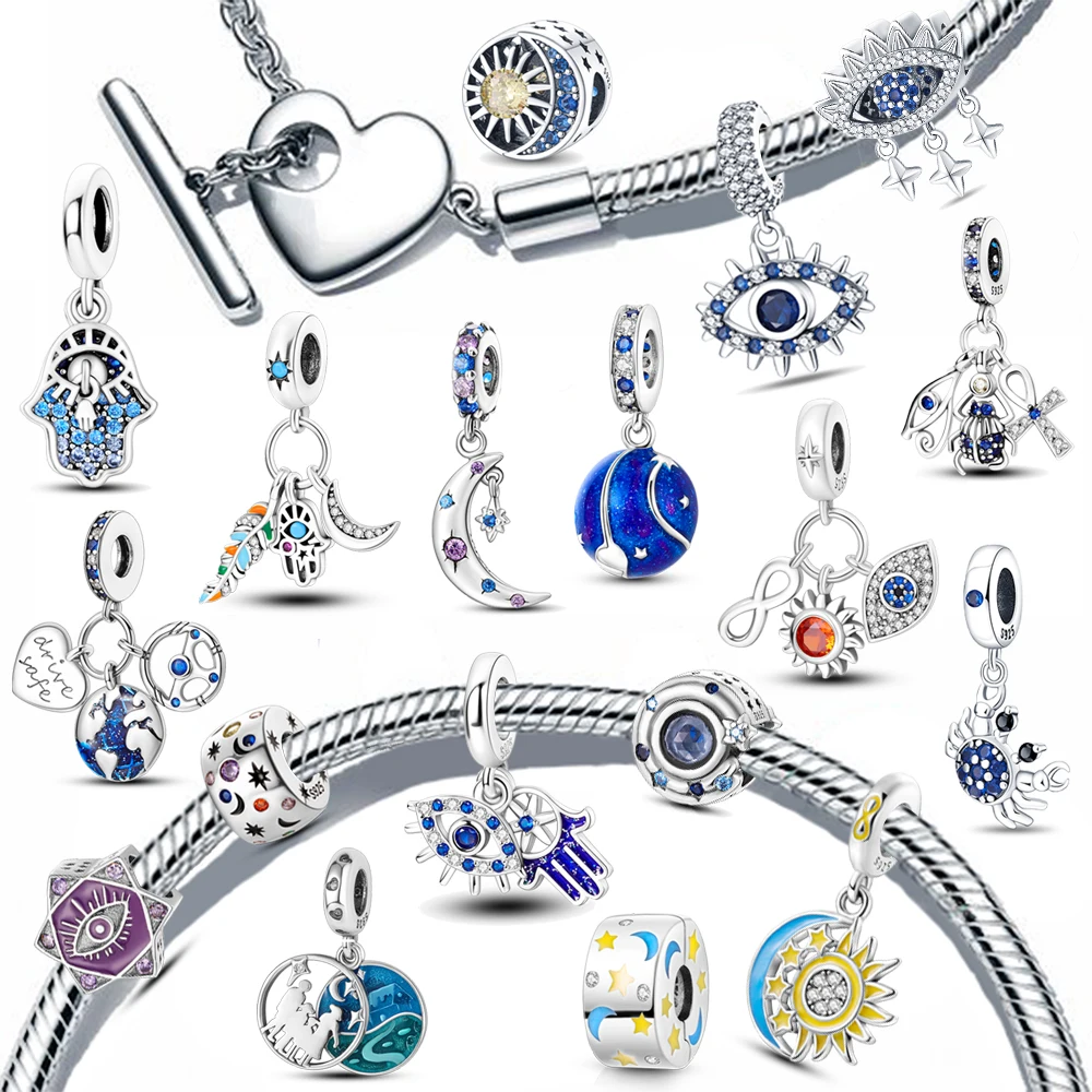925 Silver Sun Moon Star Series Fit Bracciale Originale Blue Eye Sparkling Sun Moon Star Charms Beads For Women Jewellery Gift