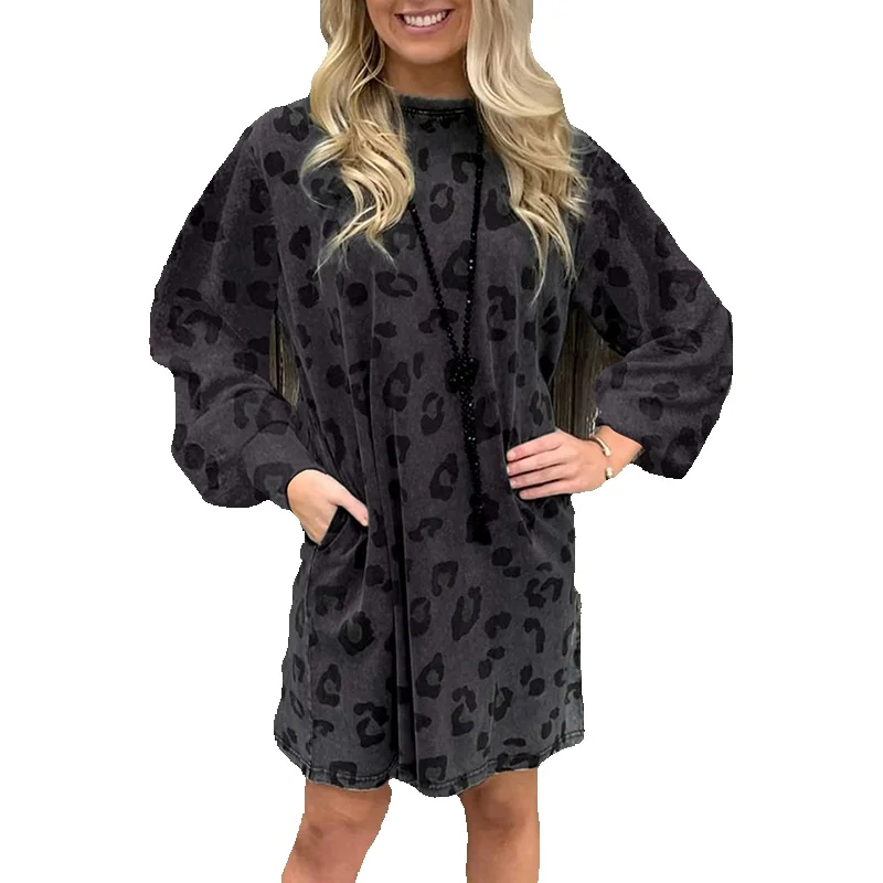 

Shi Ying Autumn New Leopard Print Dress Women's Casual Loose Cover Meat Pocket Knee Length Midlength Women