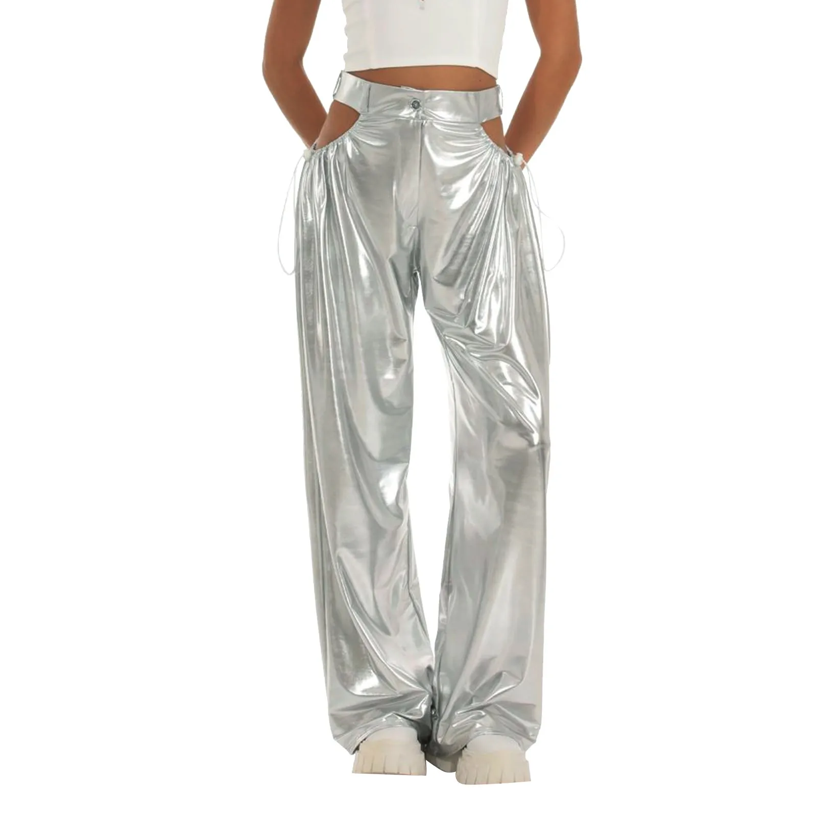 

Женские однотонные брюки с металлическим блеском, женские летние длинные брюки из искусственной кожи, свободного кроя, в стиле чувственной девушки, праздничный наряд с вырезами