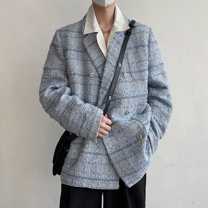 

Double Breasted Men's Coat Loose Thickened Tweed Suit 2023 Spring Autumn Casual Korean Fashion Male Blazer 9A6778