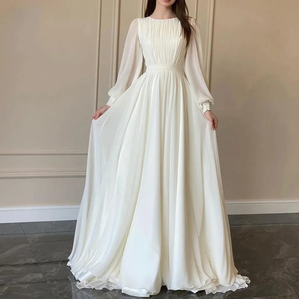 Muslim Ivory A-line Wedding Dresses Satin Draped 2023 New Design Pleat Full Brideing Gown Floor Length O-Neck robe de mariée 3