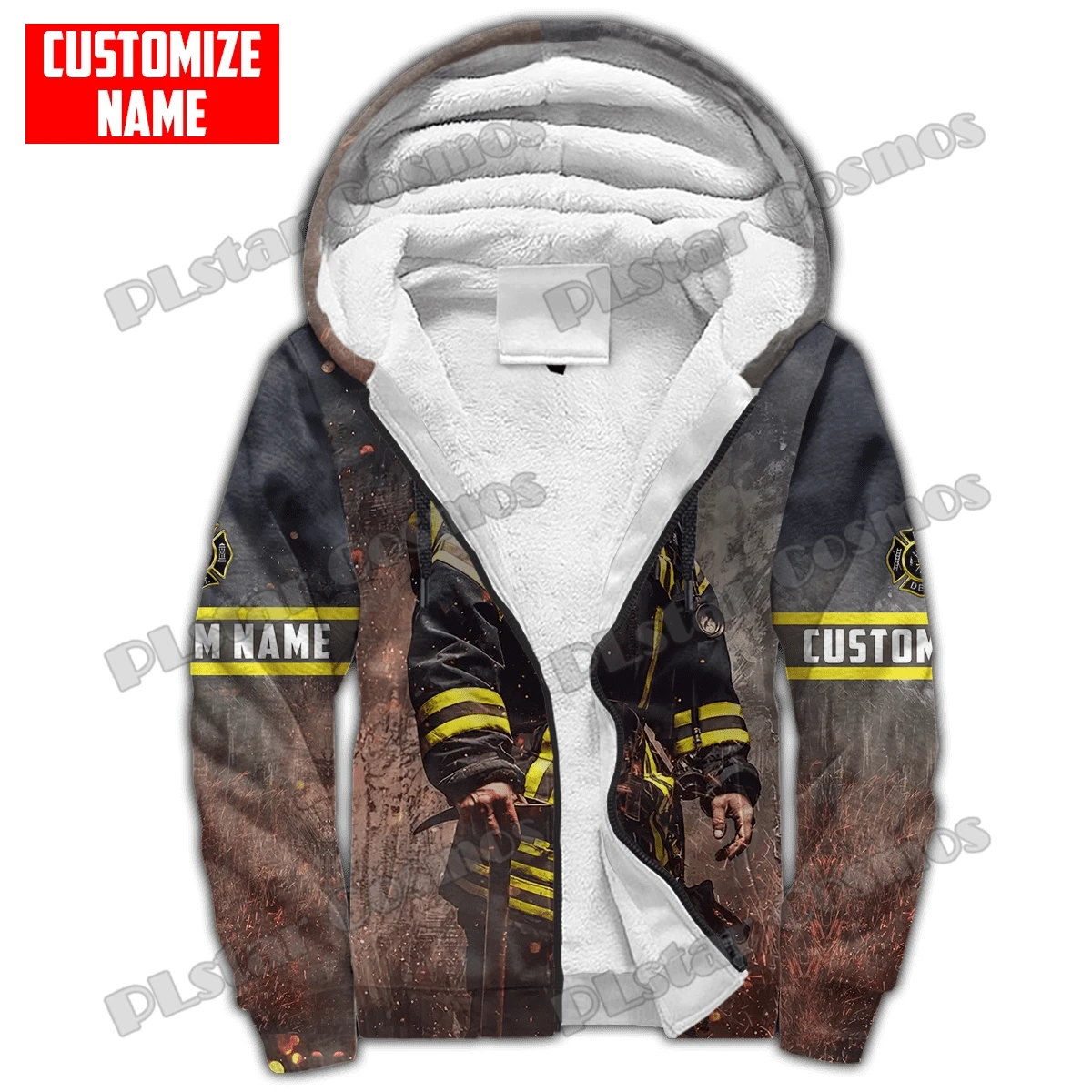 Benutzerdefinierter Name Brave Firefighter 3D-gedruckte Fleece-Kapuzenpullover mit Reißverschluss für Männer und Frauen, Winter, lässig, dick, warm, mit Kapuze, Reißverschlussjacke JR14 – Detail 9