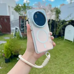 Luxury Gradient Magnetic Lanyard Shockproof Phone Case with Clear Back Cover - Xiaomi 15 Ultra (Beige)