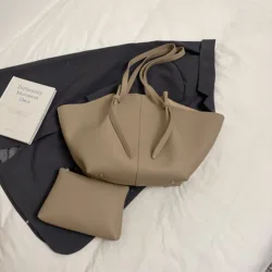 Elegant Women's Soft PU Leather Shoulder Tote Bag - 2 - in - 1 Designer Luxury Set with Spacious Capacity - 53x26x10.5cm (Khaki)