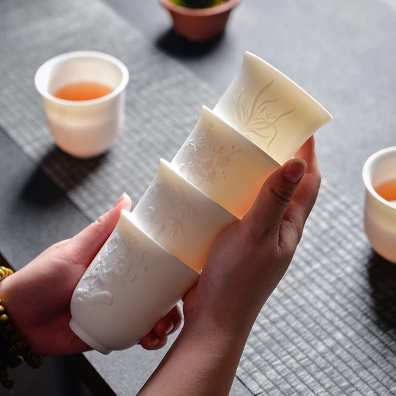 Chinese White Porcelain Tea Cup Hand Three-dimensional Relief Tea Bowl Large Capacity Cup Set Accessories Master