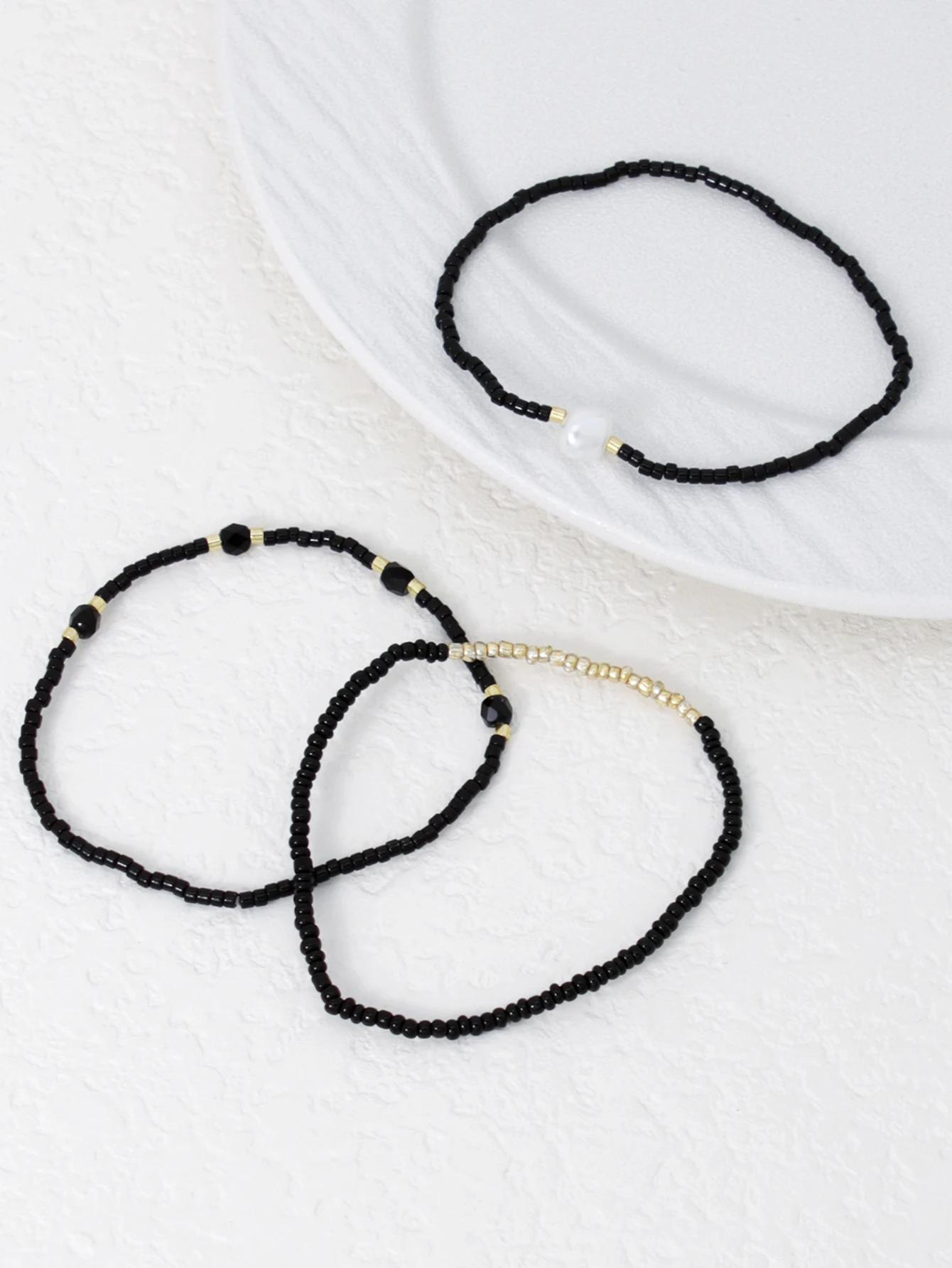 3PCS Bohemian Black Glass Bead Imitation Pearl Stacked Elastic Bracelet