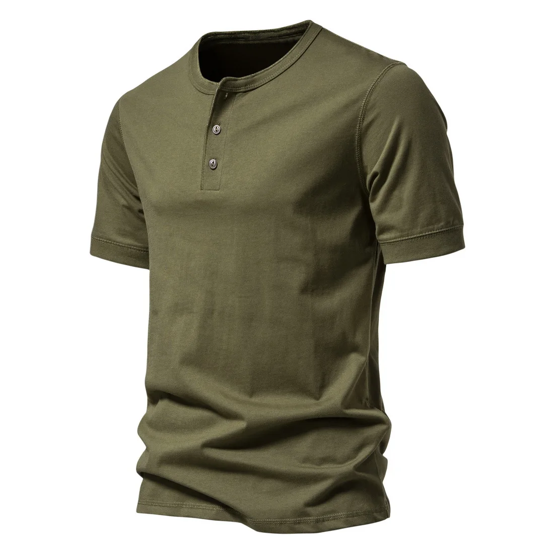 thumbnail image 1 of Camiseta de manga corta de algodón de color liso con cuello Henry de verano, 1 of 5