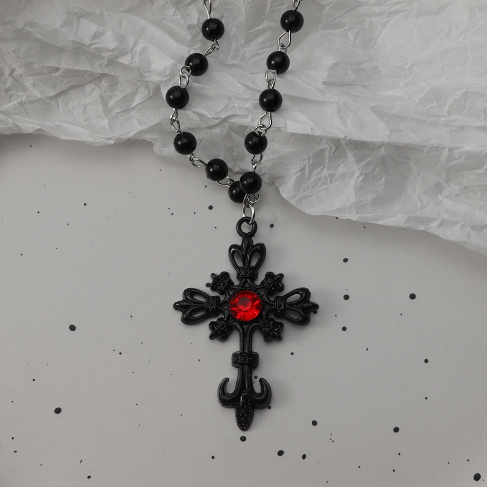 Gothic Bat & Cross Pendant Necklace Set with Black Bead Accents