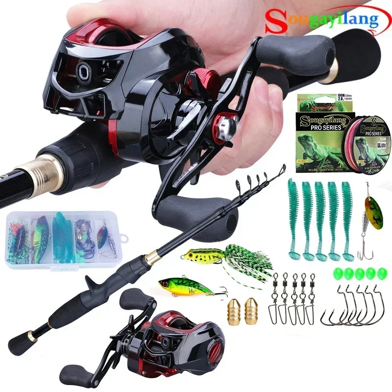 Fishing Pole Set Fishing Rod and Reel Combo Sougayilang Casting Fishing Rod Combo Telescopic Carbon Rod Baitcasting Reel Fishing Line Lure Accessories Full Kits